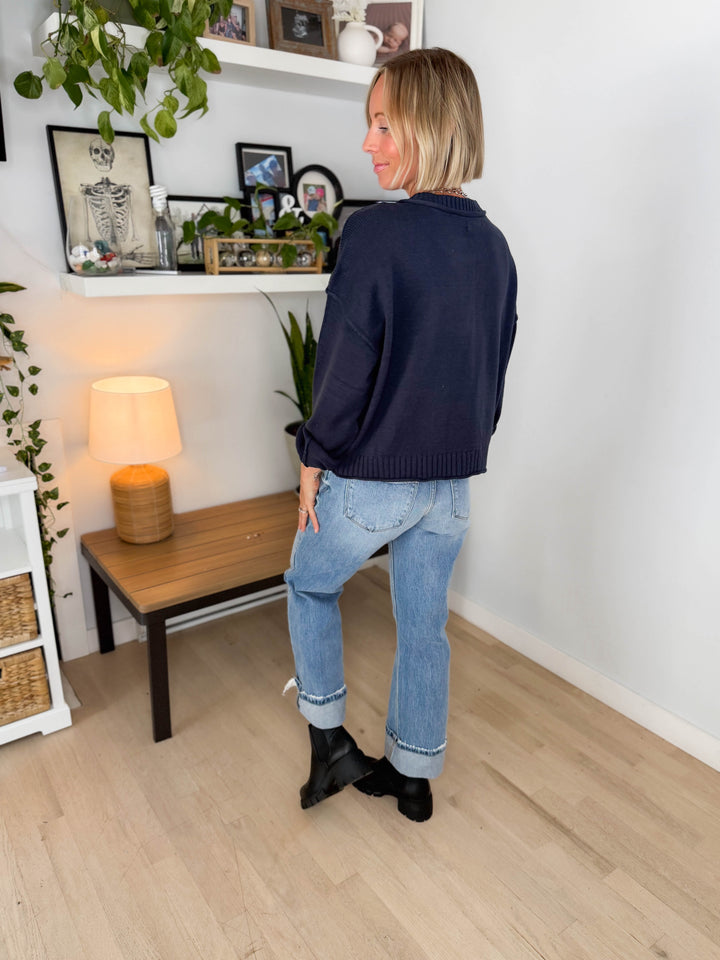 Tristyn Raw Edge Seam Button Down Cardigan- NAVY