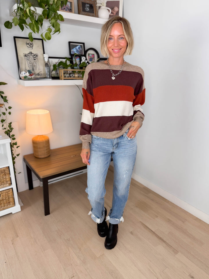 Only Atia Long Sleeve Stripe Sweater- BEIGE STRIPES