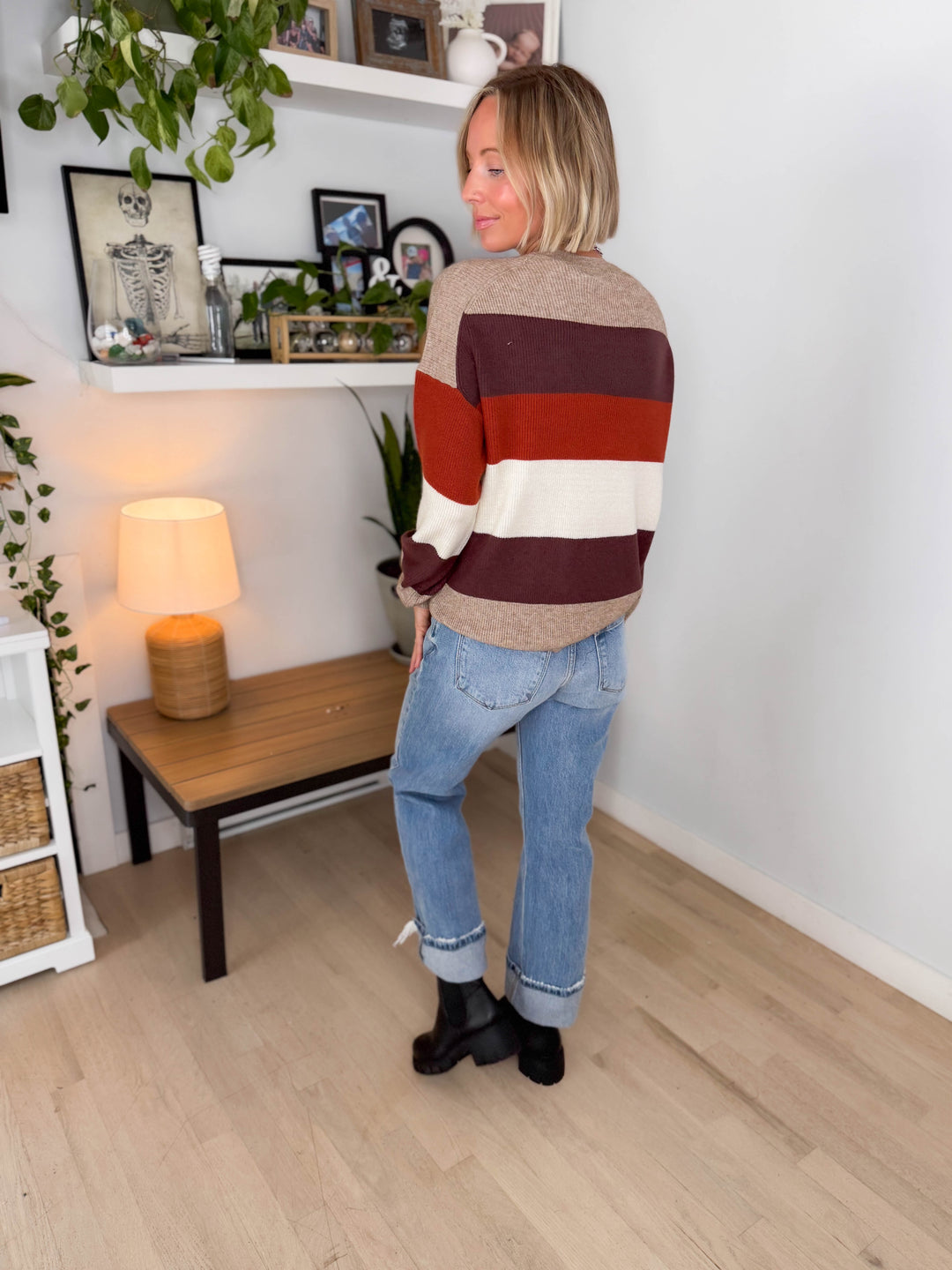 Only Atia Long Sleeve Stripe Sweater- BEIGE STRIPES