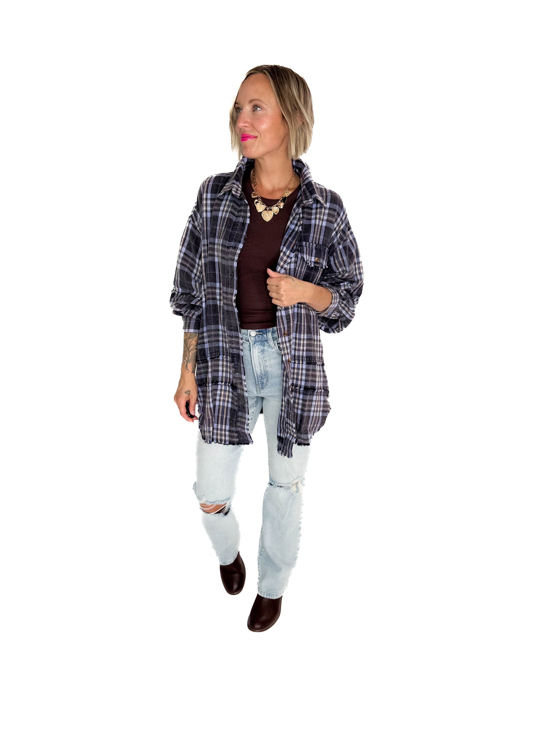 Felix Oversized Plaid Button Shacket- NAVY