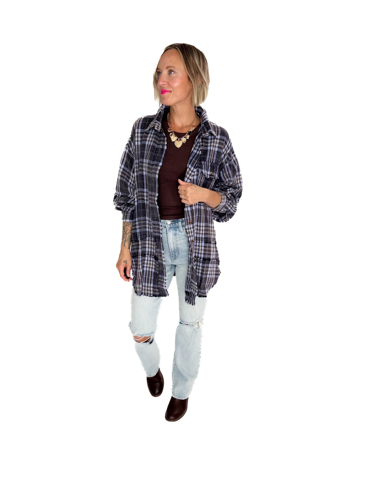 Felix Oversized Plaid Button Shacket- NAVY