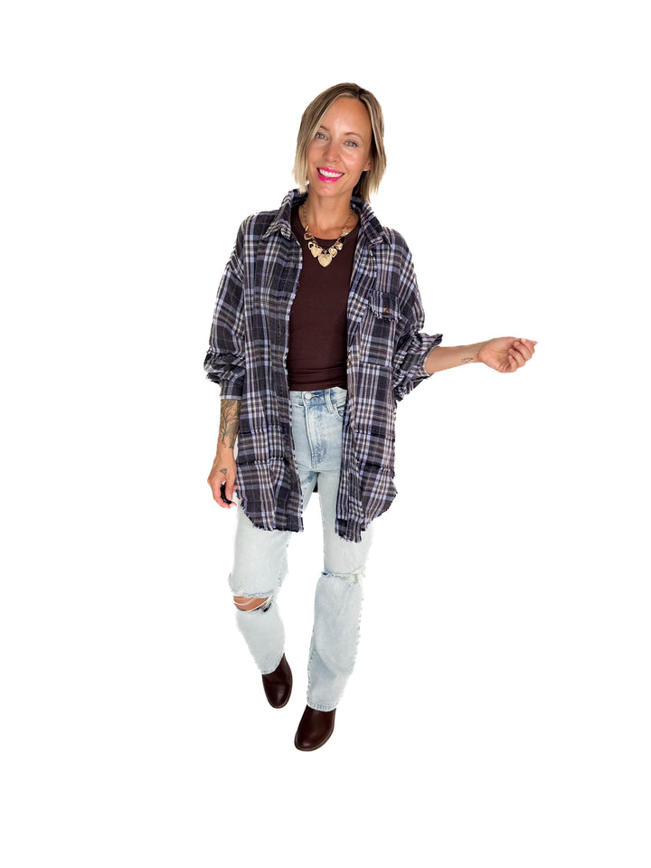 Felix Oversized Plaid Button Shacket- NAVY
