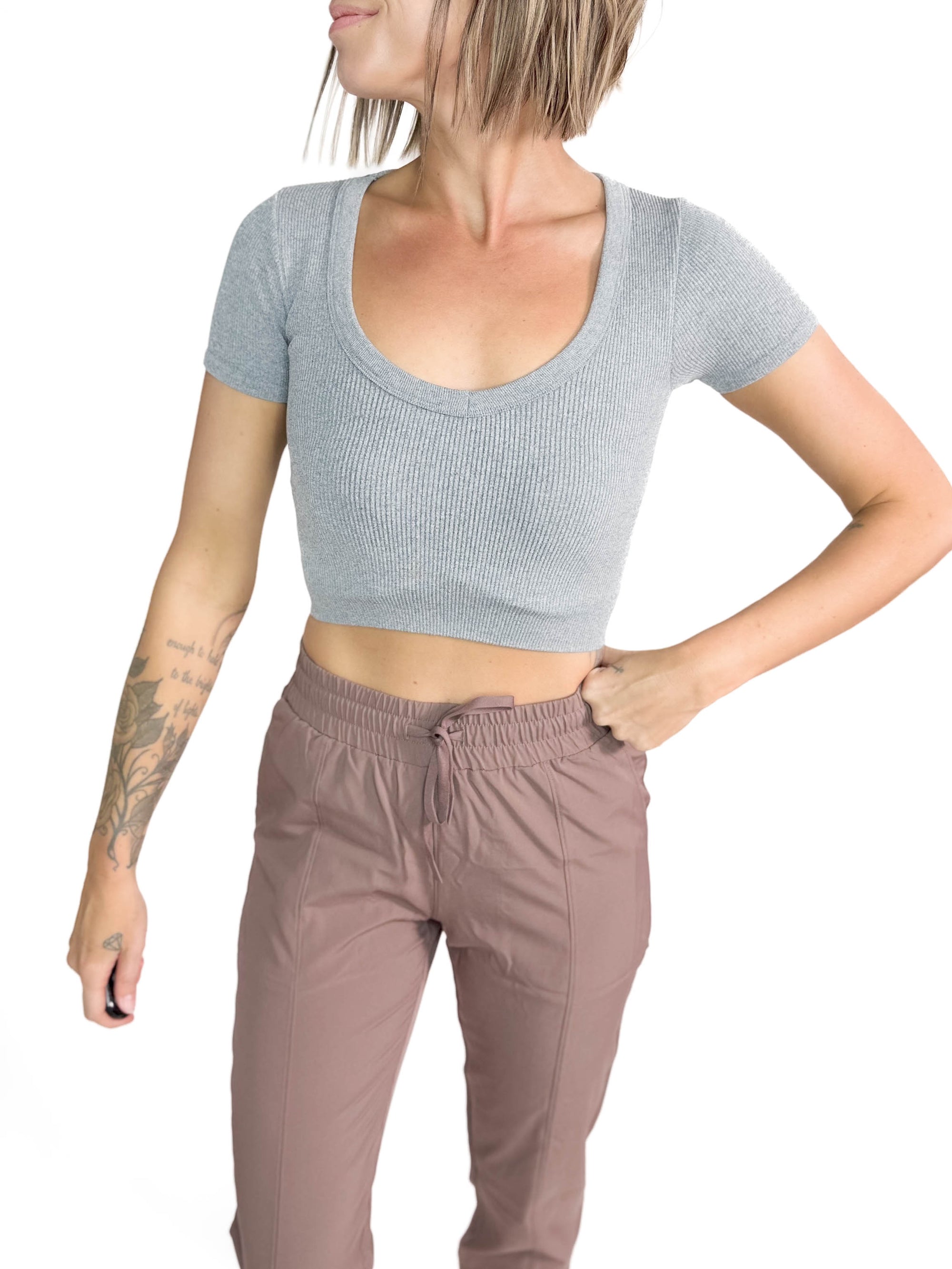 Must Have Seamless Short Sleeve Brami Top- HTHR GREY