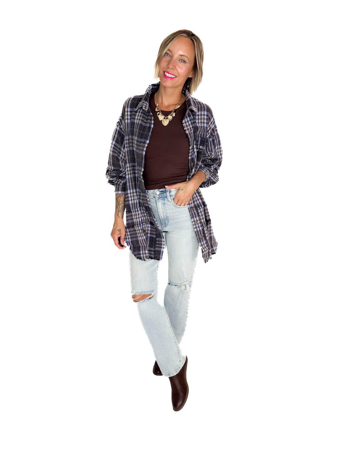 Felix Oversized Plaid Button Shacket- NAVY