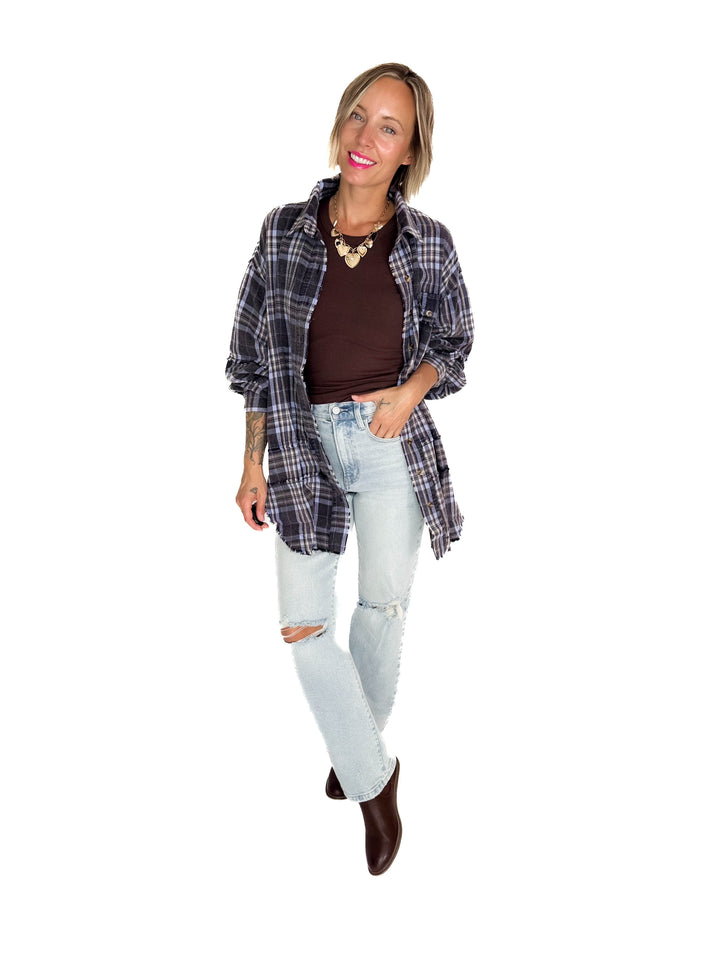 Felix Oversized Plaid Button Shacket- NAVY