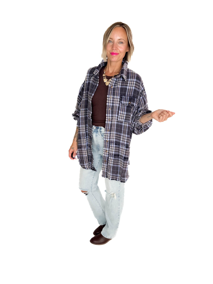Felix Oversized Plaid Button Shacket- NAVY