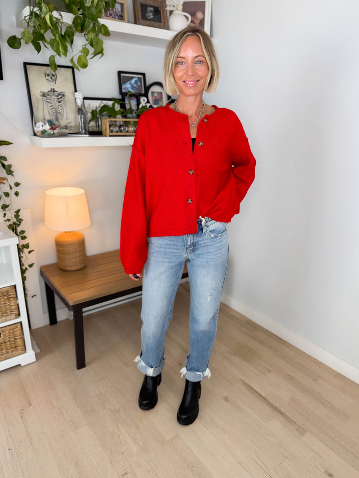 Laurel Button Down Sweater- RED