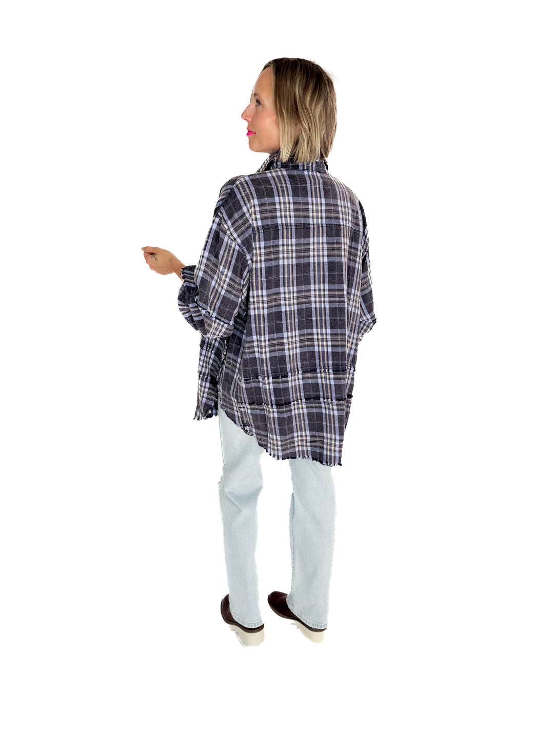 Felix Oversized Plaid Button Shacket- NAVY