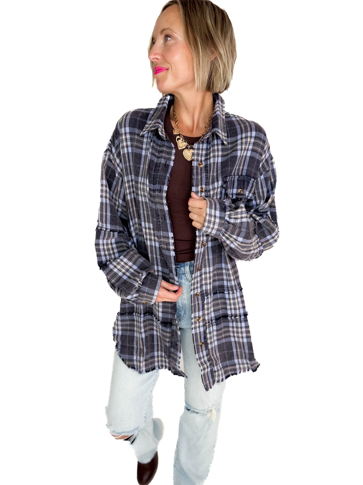 Felix Oversized Plaid Button Shacket- NAVY