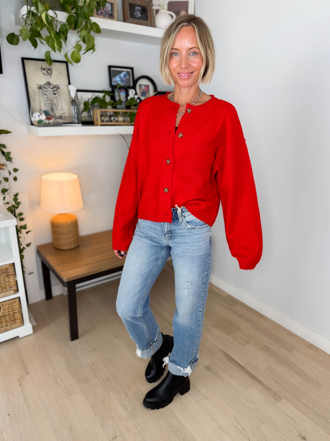 Laurel Button Down Sweater- RED