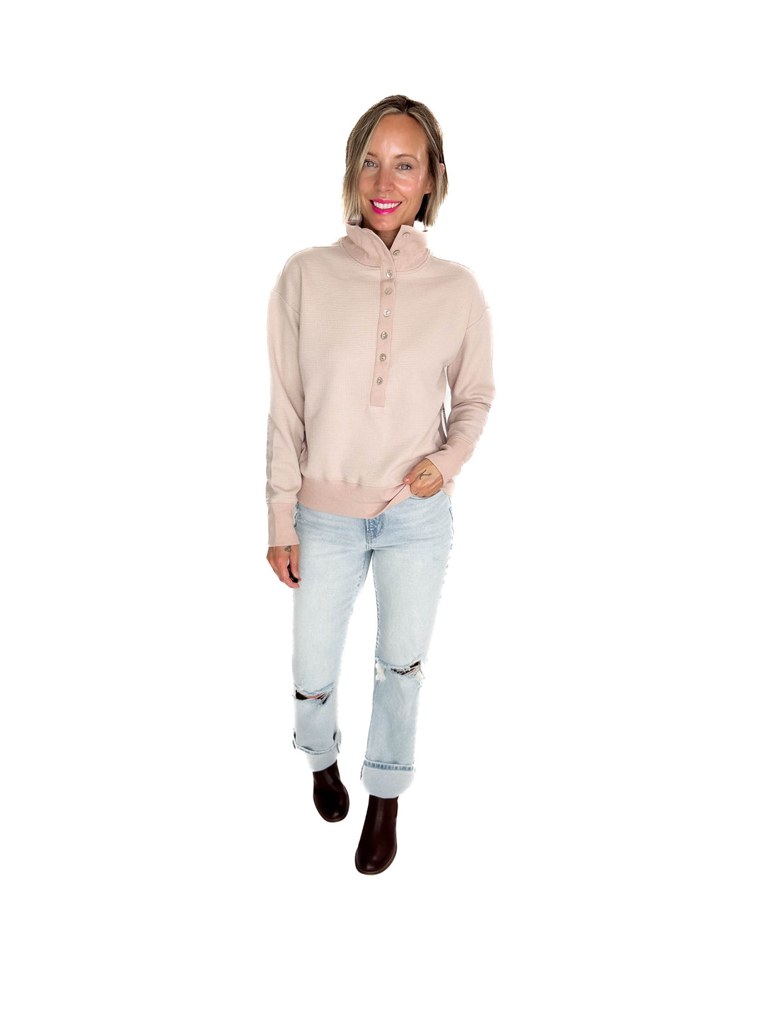 Mono B Nicola Harbor Waffle Knit Half Button Pullover- BLUSH TAUPE
