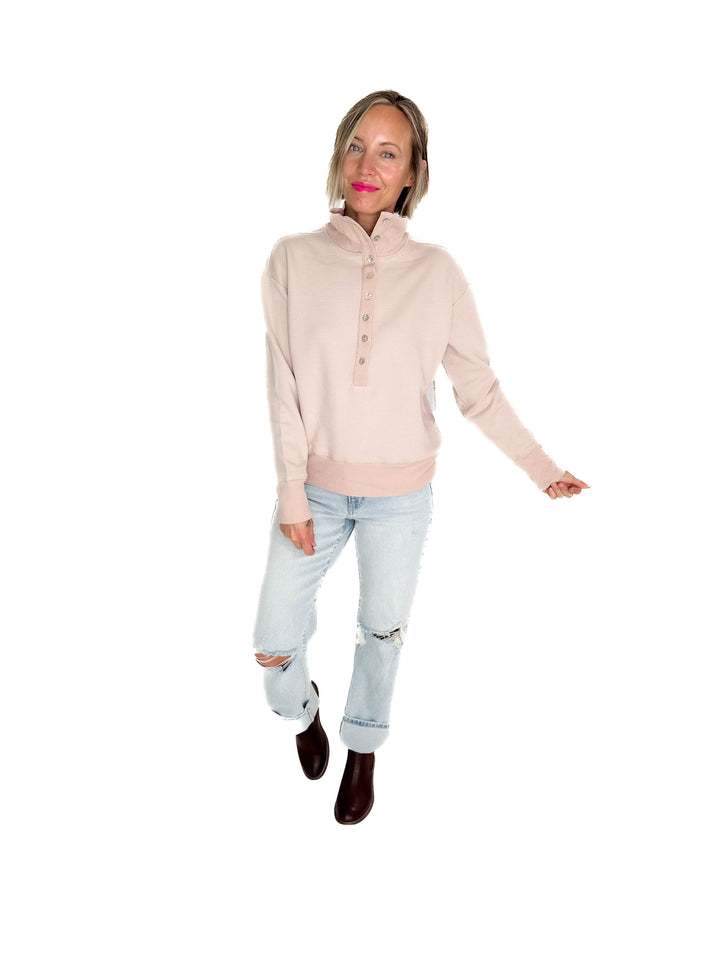 Mono B Nicola Harbor Waffle Knit Half Button Pullover- BLUSH TAUPE