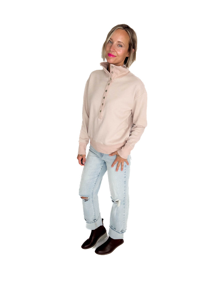 Mono B Nicola Harbor Waffle Knit Half Button Pullover- BLUSH TAUPE