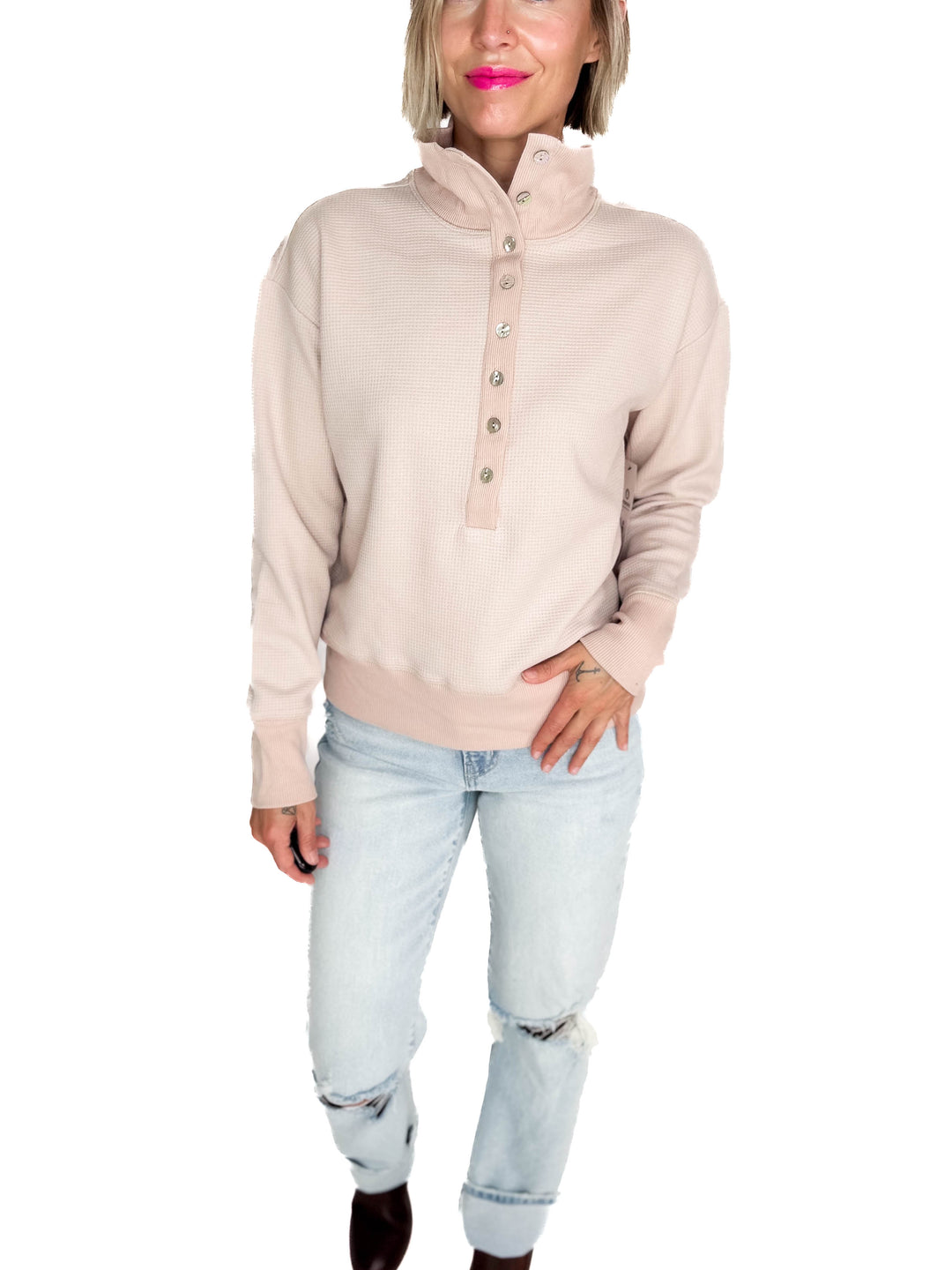 Mono B Nicola Harbor Waffle Knit Half Button Pullover- BLUSH TAUPE