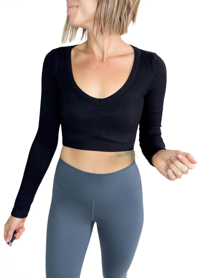 Must Have Seamless Long Sleeve Brami Top- BLACK-FINAL SALE