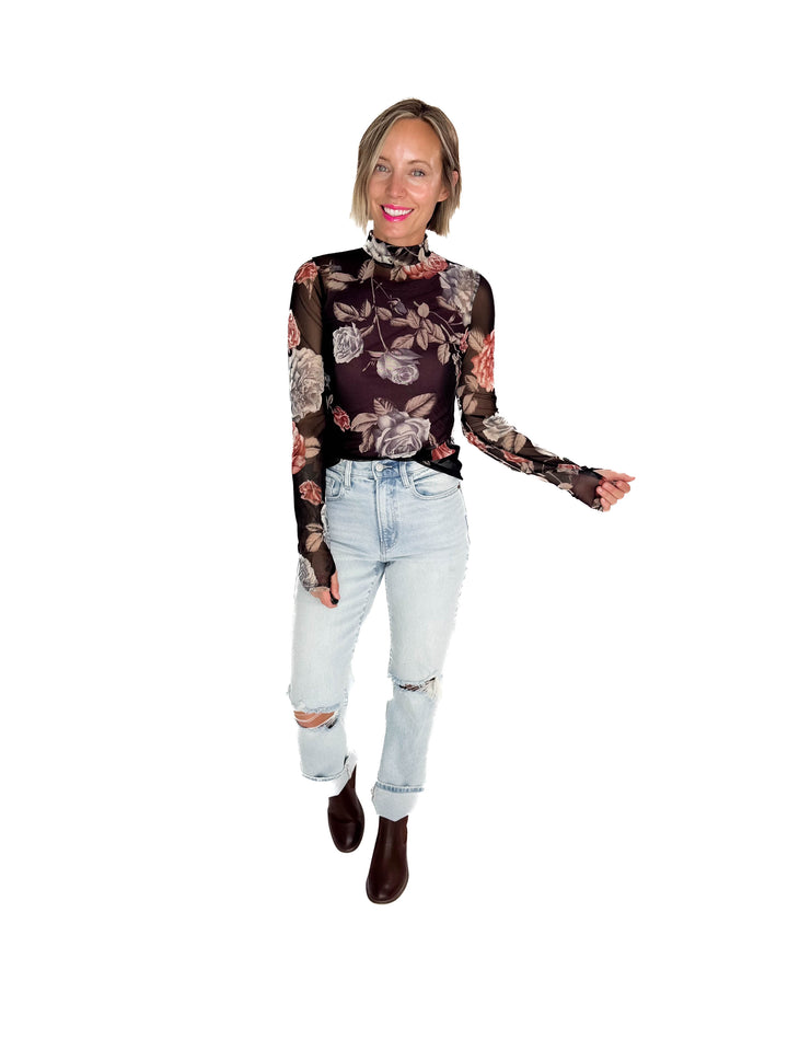 Heather Mock Neck Mesh Long Sleeve- BLACK