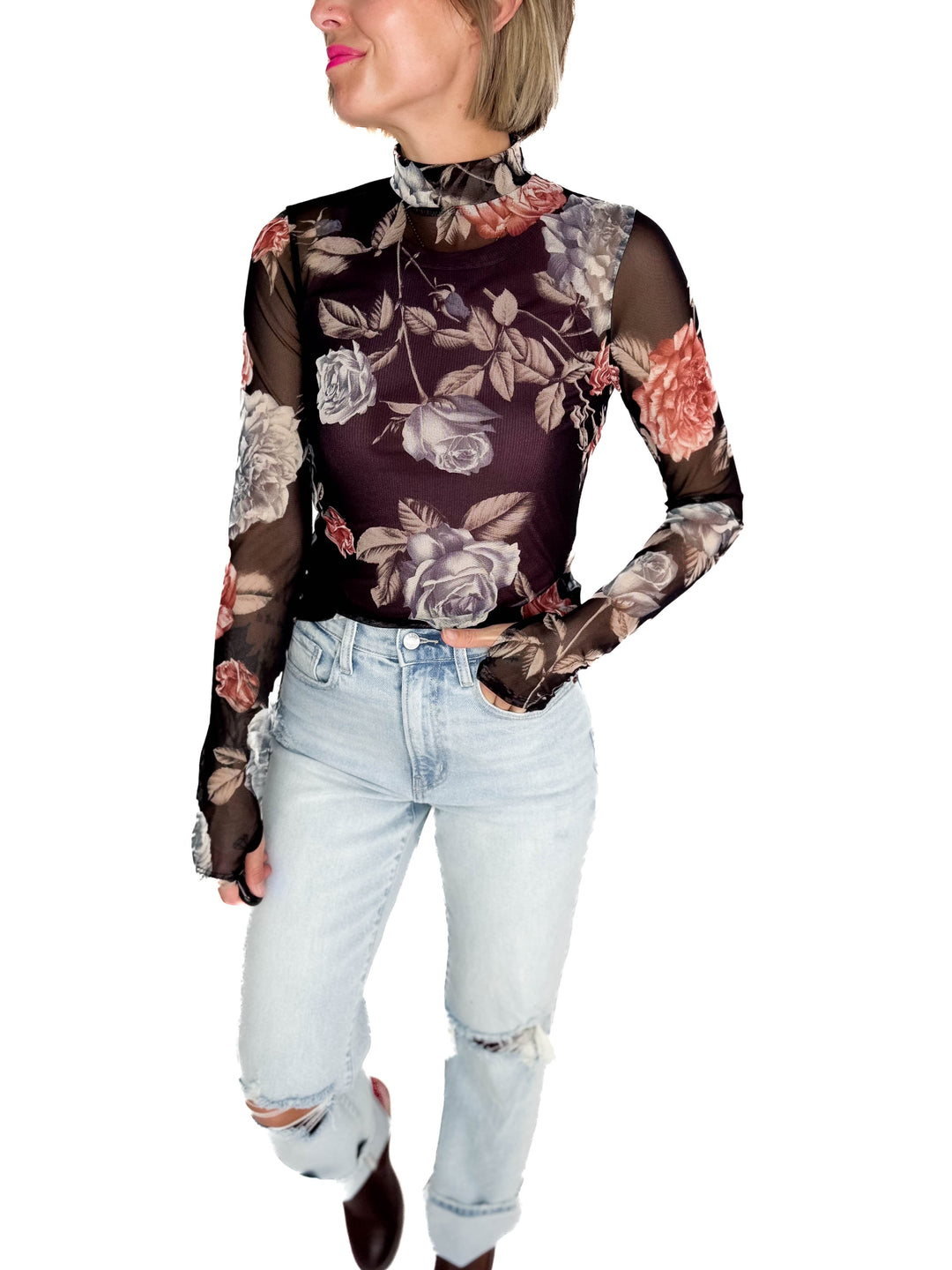 Heather Mock Neck Mesh Long Sleeve- BLACK