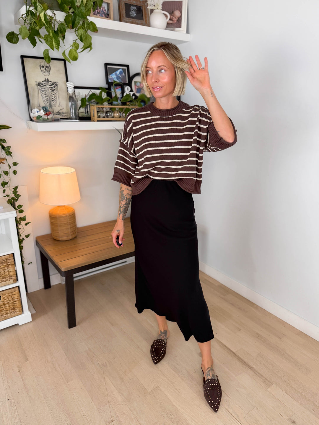 Darlene Stripe Drop Shoulder Short Sleeve Sweater- BROWN