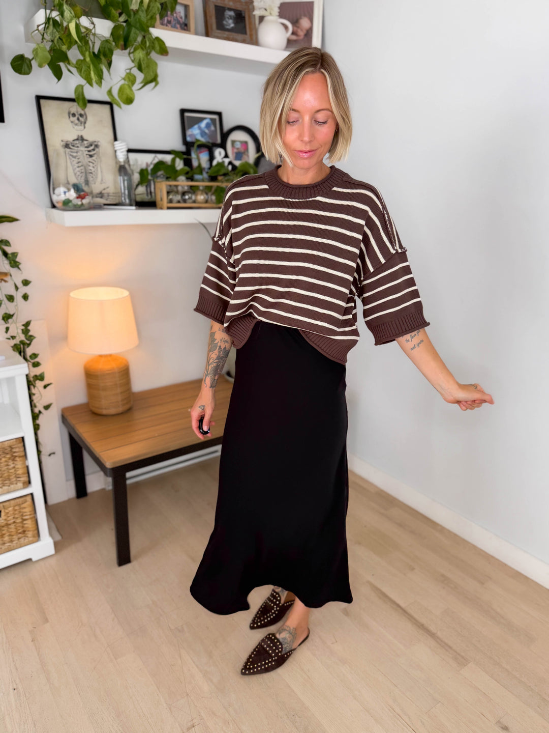 Darlene Stripe Drop Shoulder Short Sleeve Sweater- BROWN