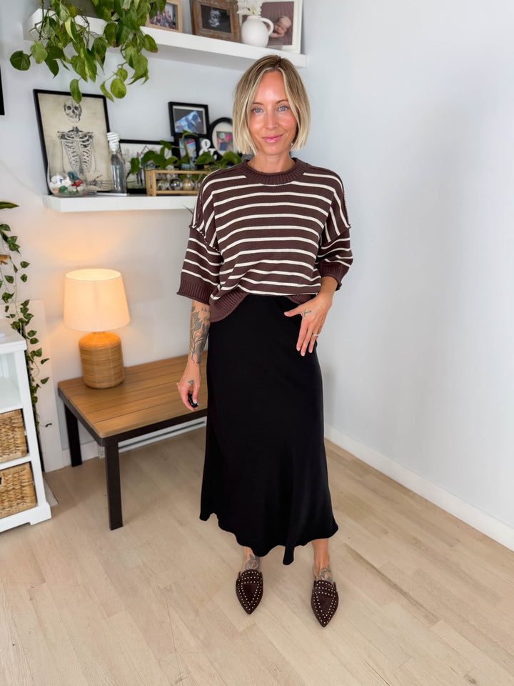 Darlene Stripe Drop Shoulder Short Sleeve Sweater- BROWN