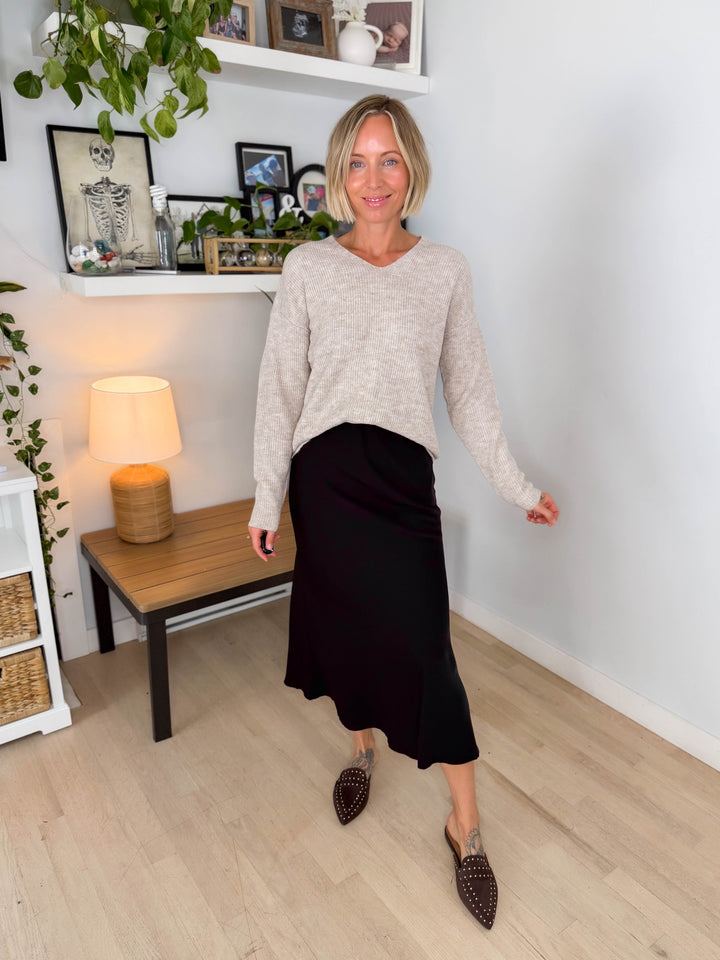 Only Camilla V-Neck Long Sleeve Pullover- PUMICE STONE