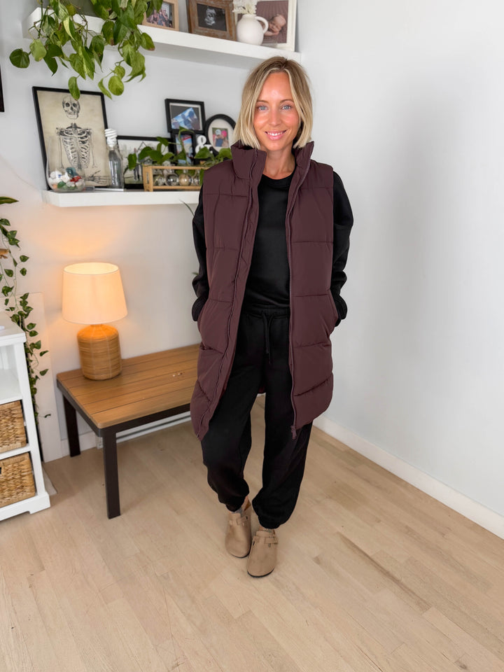 NOISY MAY Rosy Long Puffer Vest- CHOCOLATE-FINAL SALE