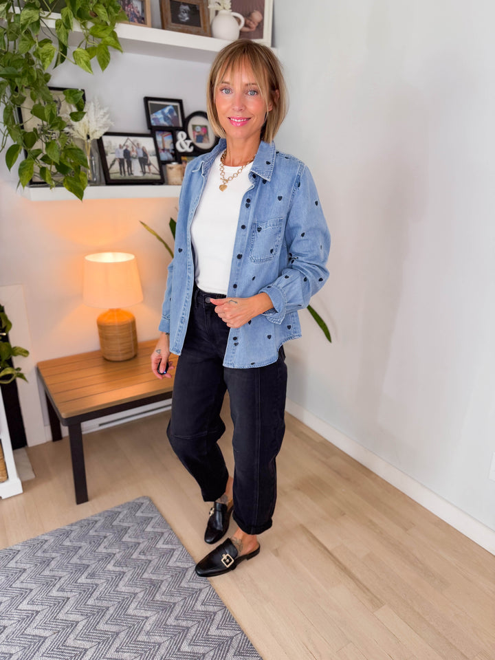 Emilia Heart Embroided Denim Shirt