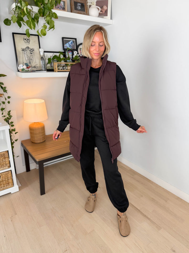 NOISY MAY Rosy Long Puffer Vest- CHOCOLATE-FINAL SALE
