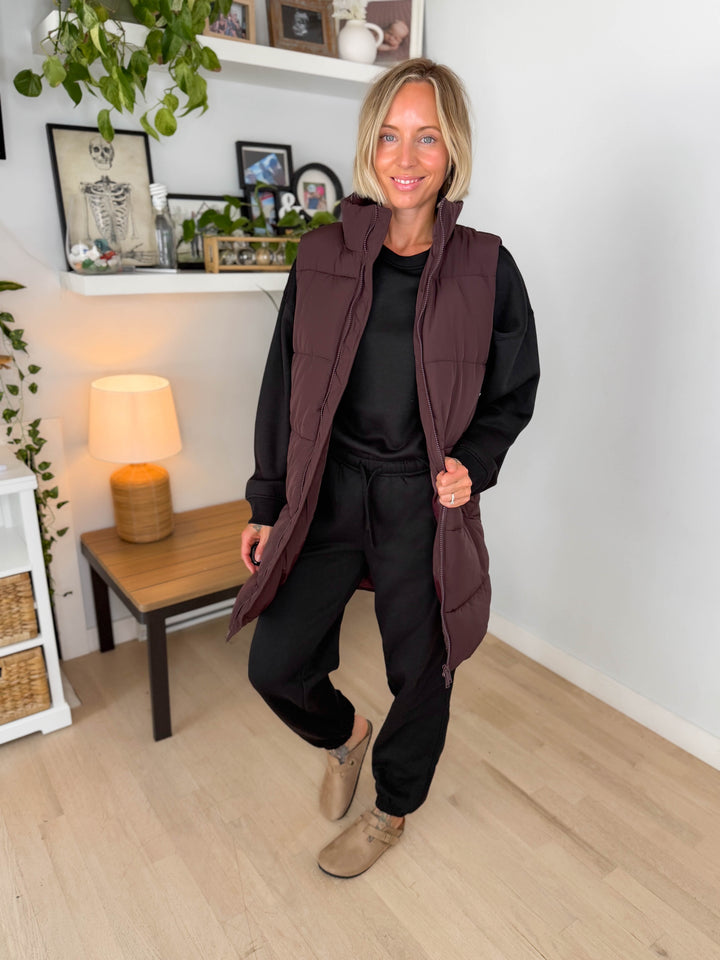 NOISY MAY Rosy Long Puffer Vest- CHOCOLATE-FINAL SALE
