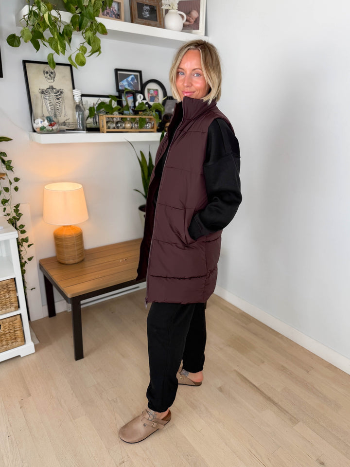 NOISY MAY Rosy Long Puffer Vest- CHOCOLATE-FINAL SALE