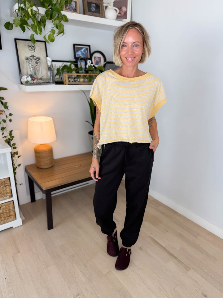 Melissa Striped Terry Open Back Top- YELLOW/HEATHER OATMEAL-FINAL SALE