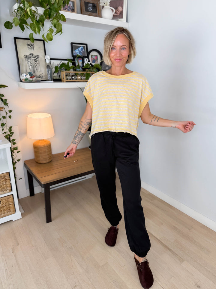 Melissa Striped Terry Open Back Top- YELLOW/HEATHER OATMEAL-FINAL SALE