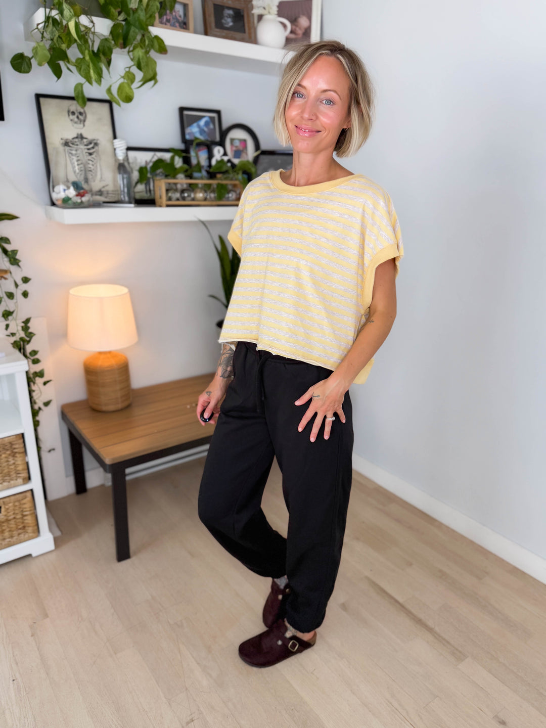 Melissa Striped Terry Open Back Top- YELLOW/HEATHER OATMEAL-FINAL SALE