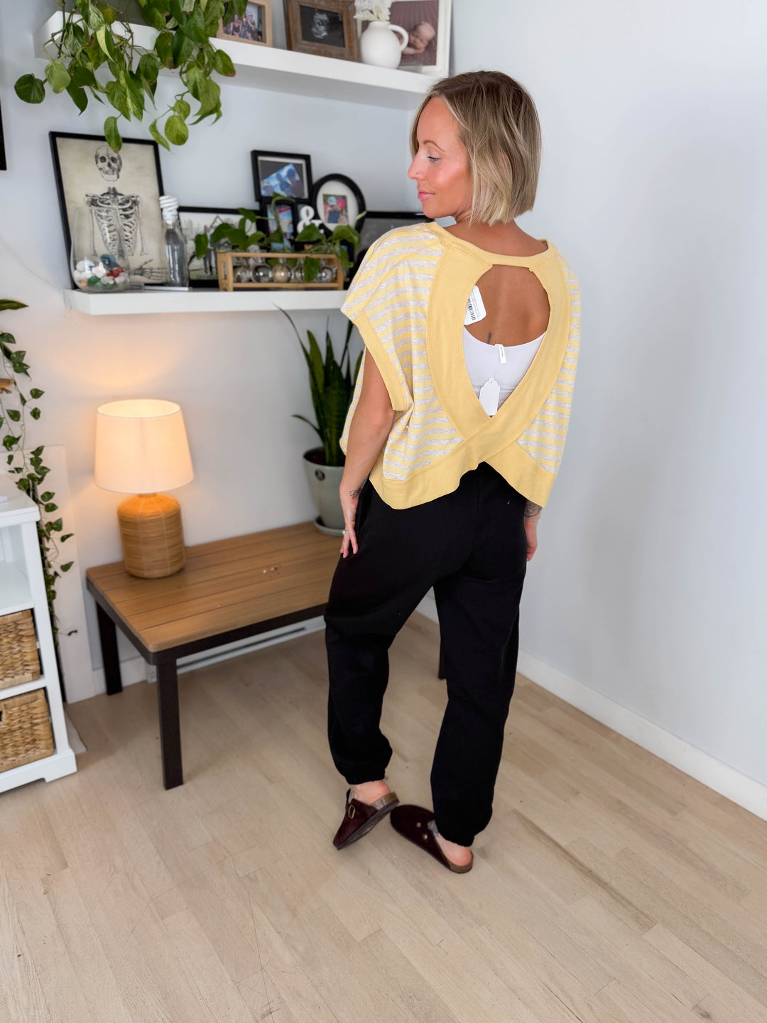 Melissa Striped Terry Open Back Top- YELLOW/HEATHER OATMEAL-FINAL SALE