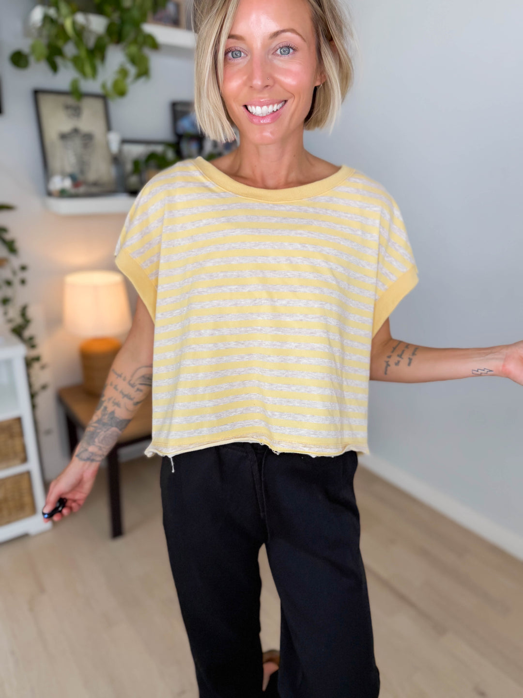 Melissa Striped Terry Open Back Top- YELLOW/HEATHER OATMEAL-FINAL SALE