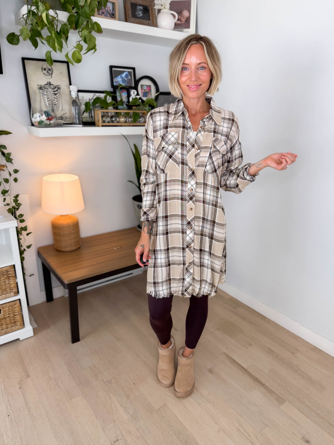 Spruce Bleached Plaid Duster- OATMEAL