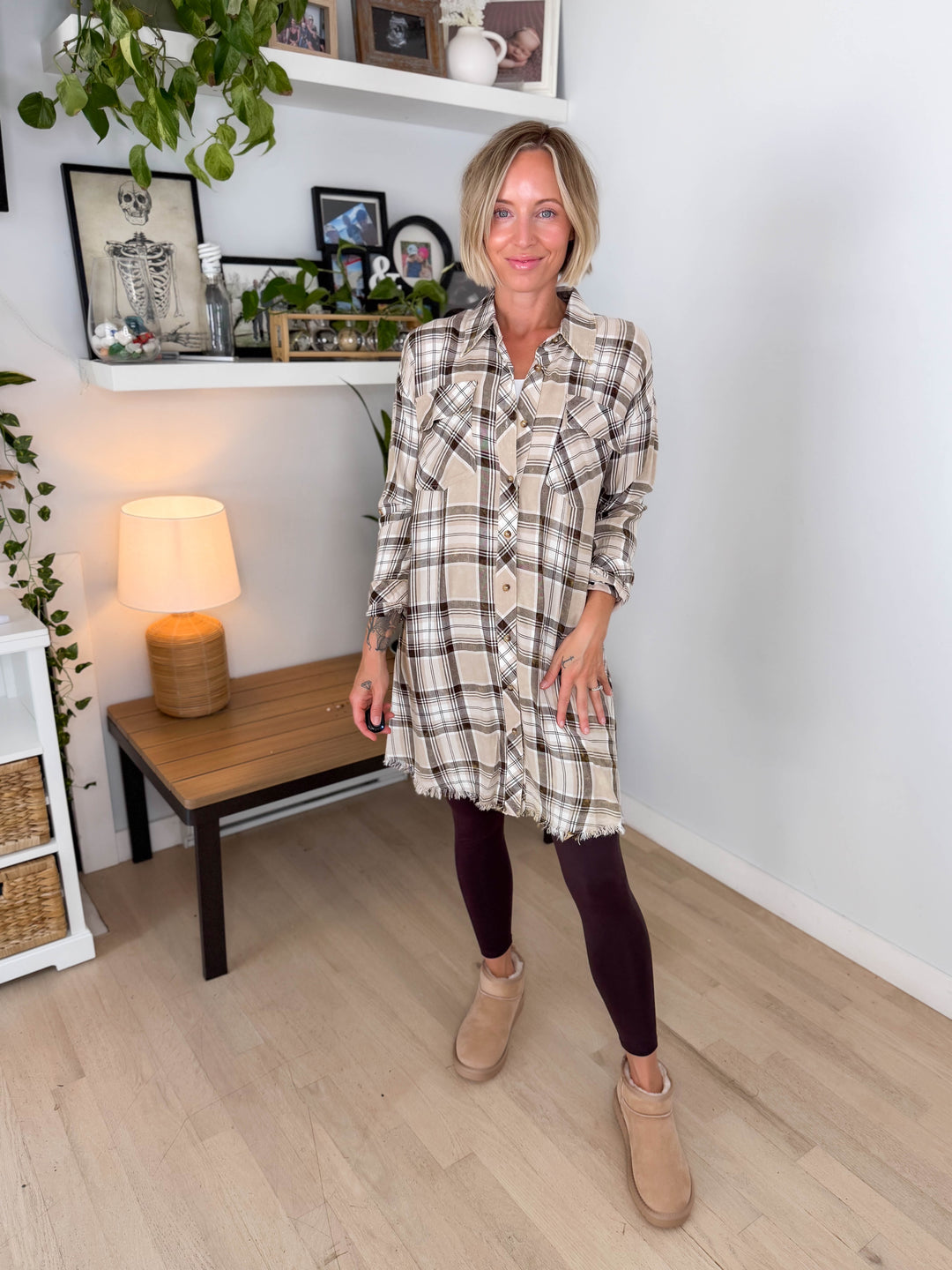 Spruce Bleached Plaid Duster- OATMEAL