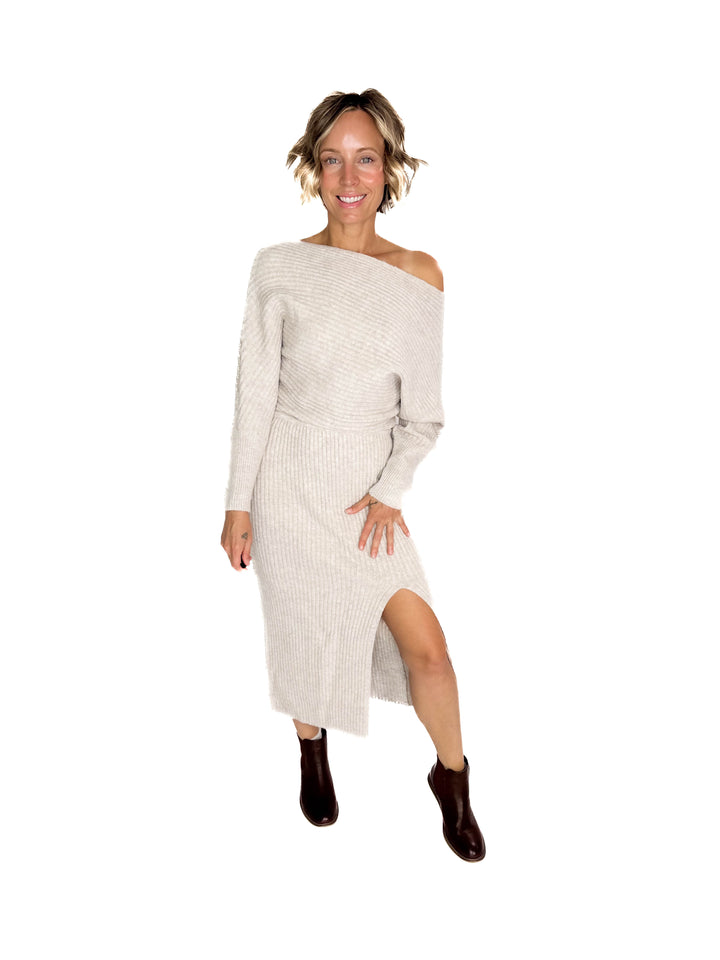 Chantel One Shoulder Off Side Slit Mini Knit Sweater Dress- OATMEAL
