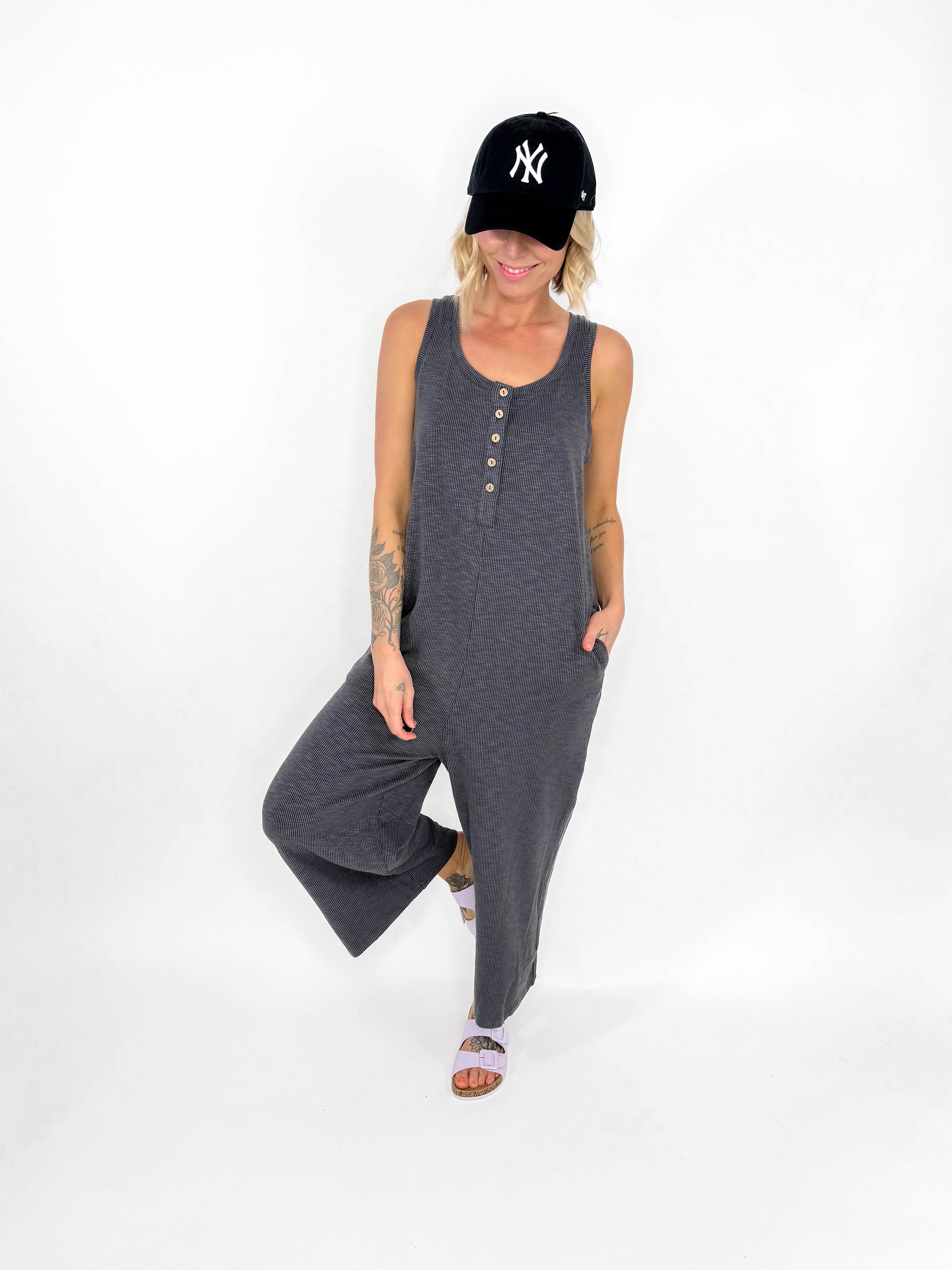 Flynn Button Down Jumpsuit- CHARCOAL
