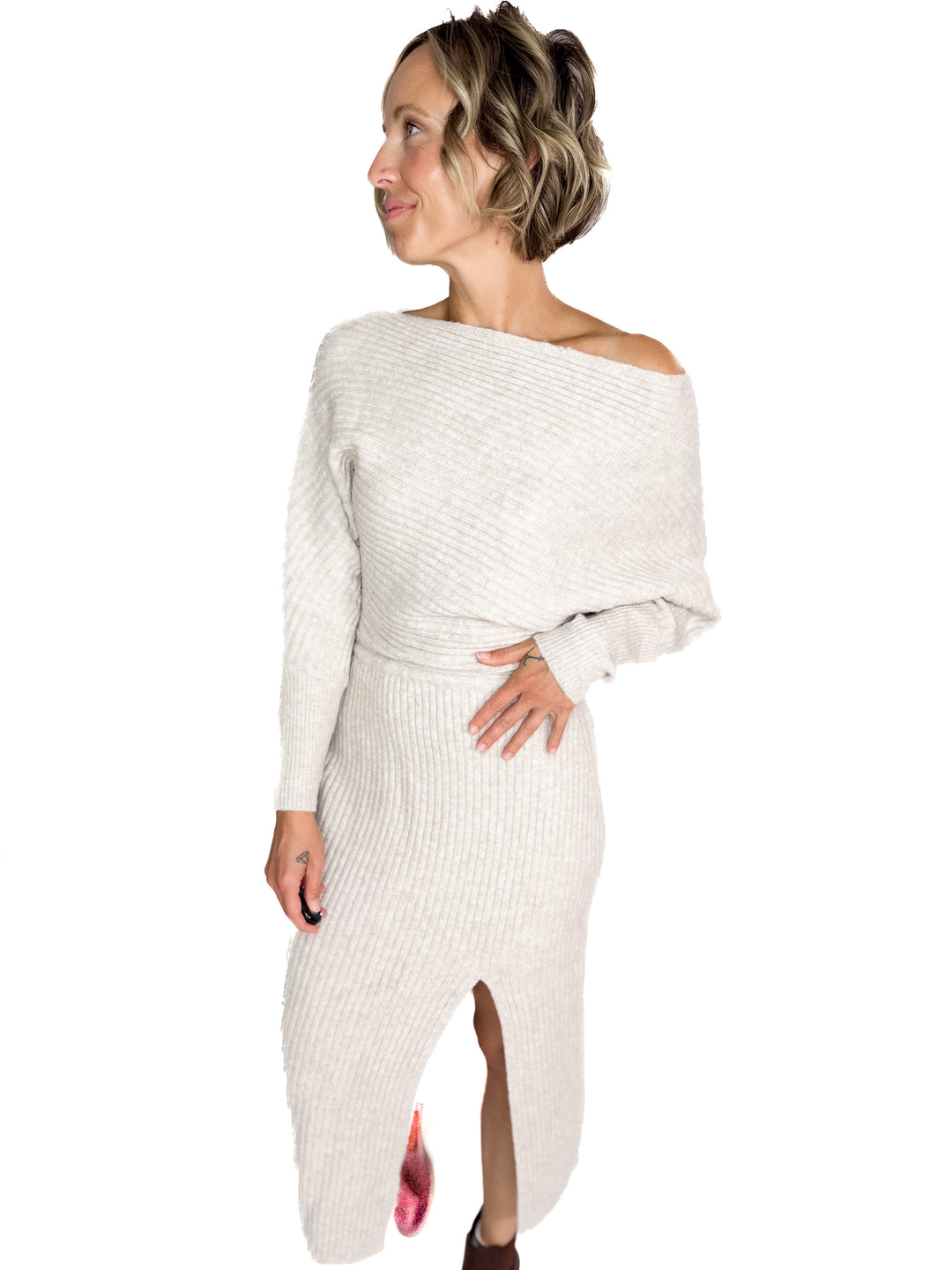 Chantel One Shoulder Off Side Slit Mini Knit Sweater Dress- OATMEAL