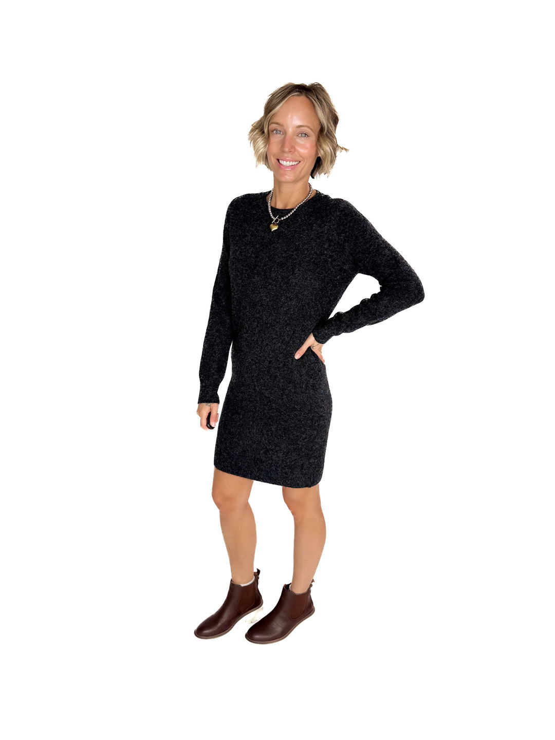 VERO MODA Doffy Sweater Dress Tunic- BLACK MELANGE