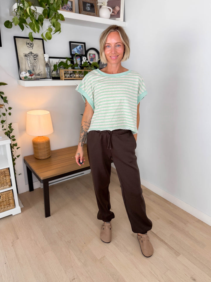 Melissa Striped Terry Open Back Top- MINT/HEATHER OATMEAL-FINAL SALE