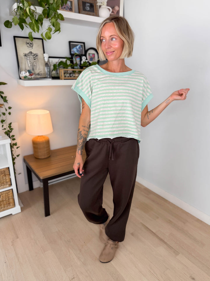 Melissa Striped Terry Open Back Top- MINT/HEATHER OATMEAL-FINAL SALE