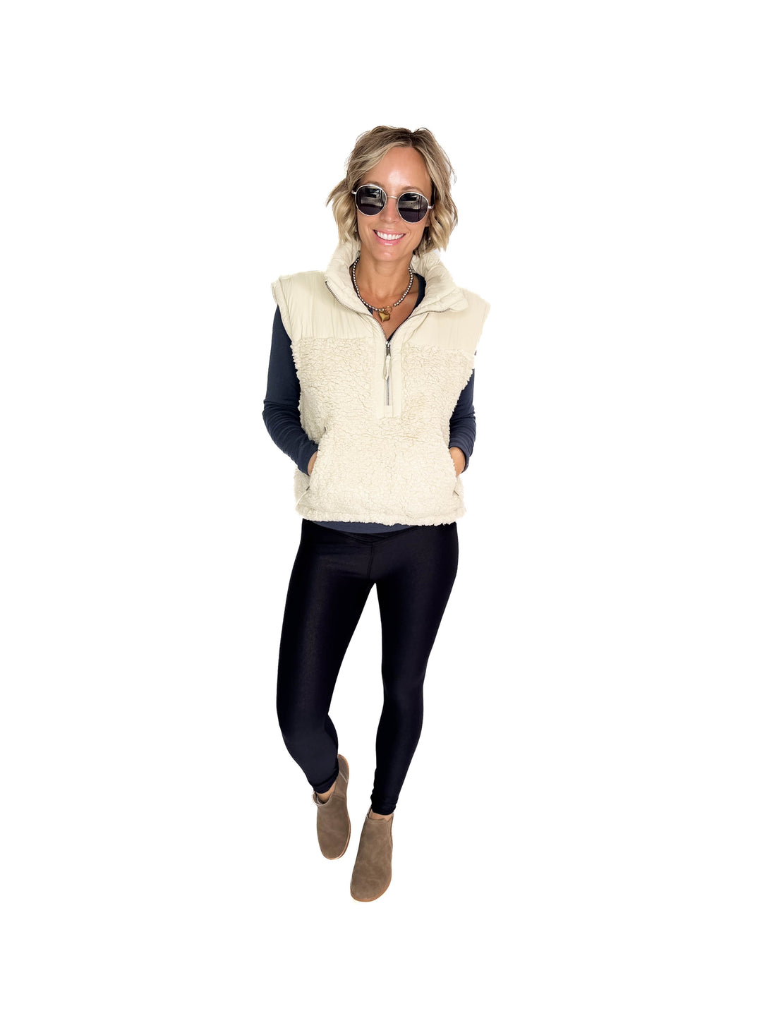 Mary Sherpa Contrast Collar Vest- ECRU