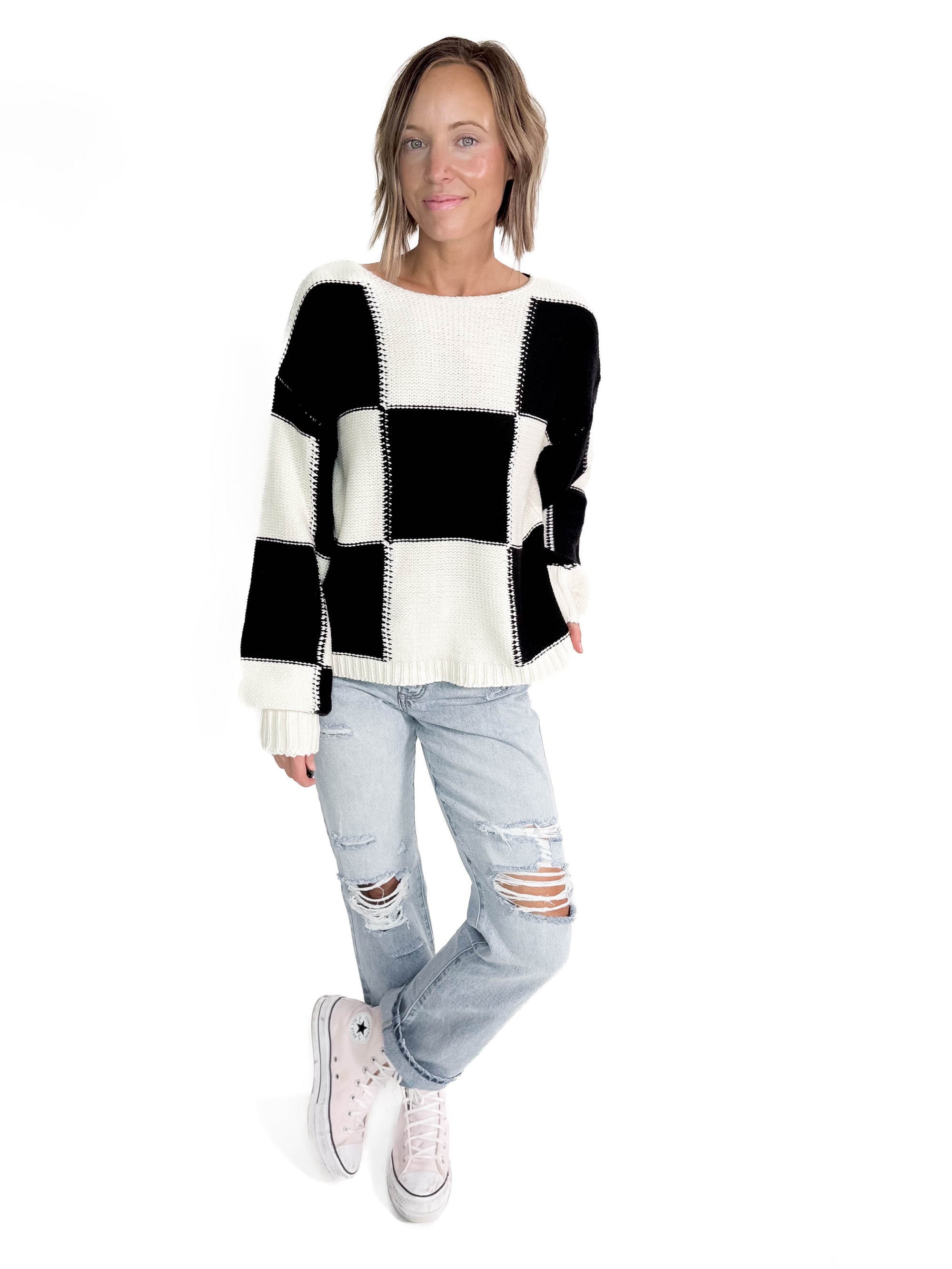 Catcher Checker Print Sweater- BLACK