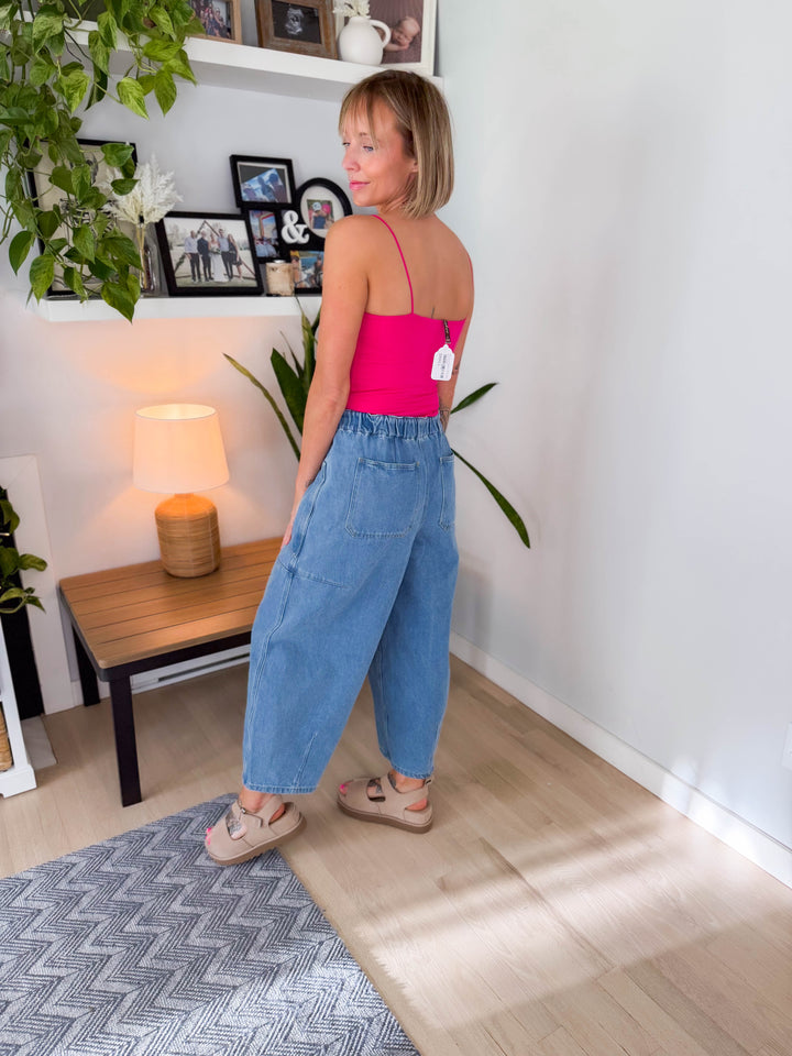 Deana Drawstring Barrel Pants- LIGHT DENIM