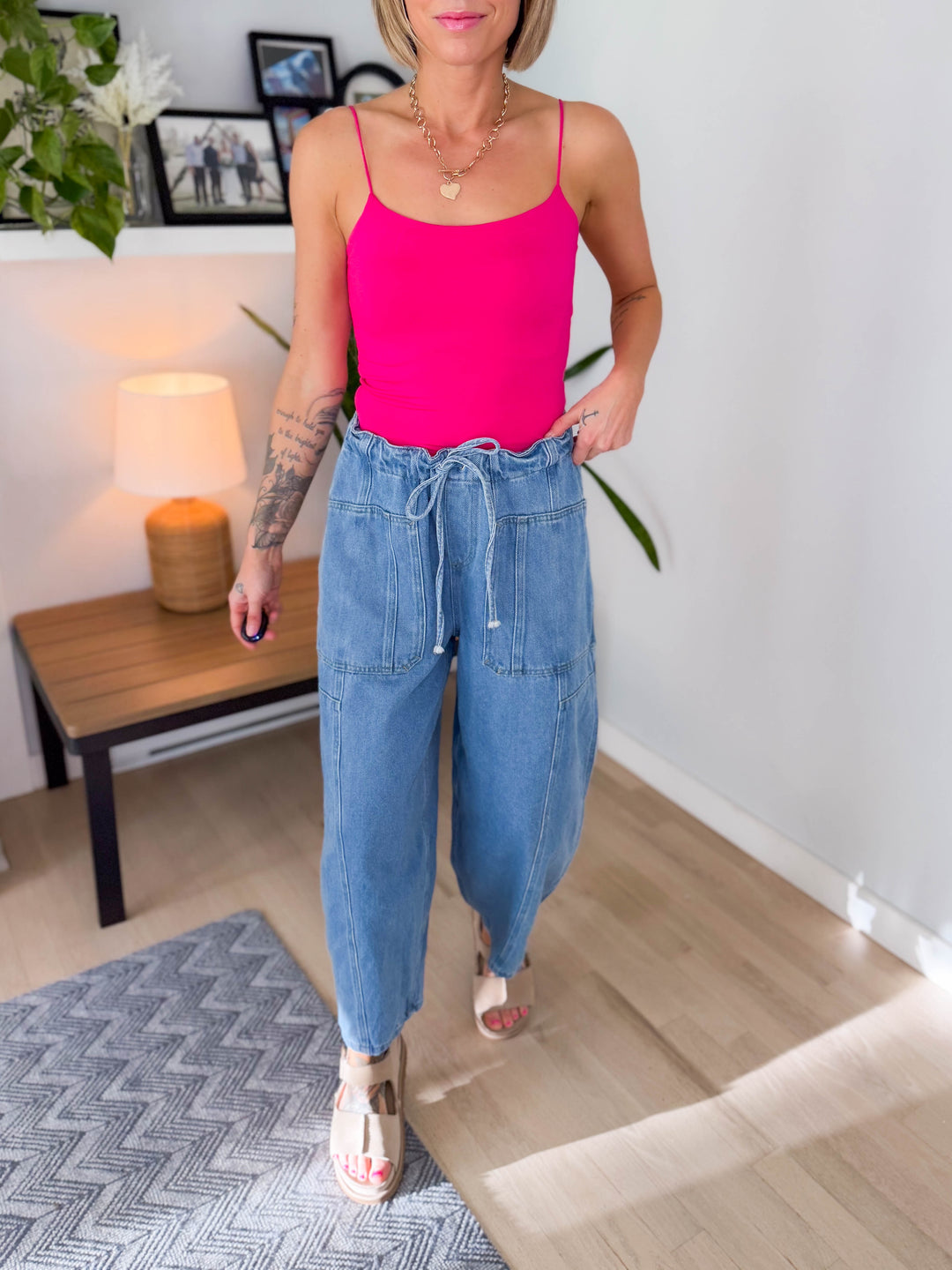 Deana Drawstring Barrel Pants- LIGHT DENIM
