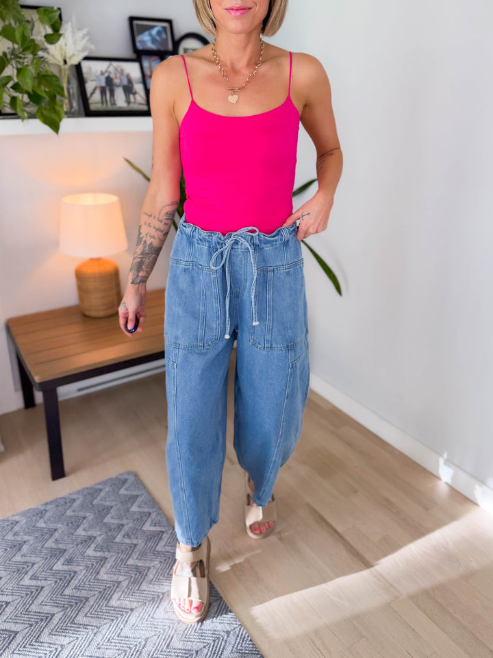 Deana Drawstring Barrel Pants- LIGHT DENIM