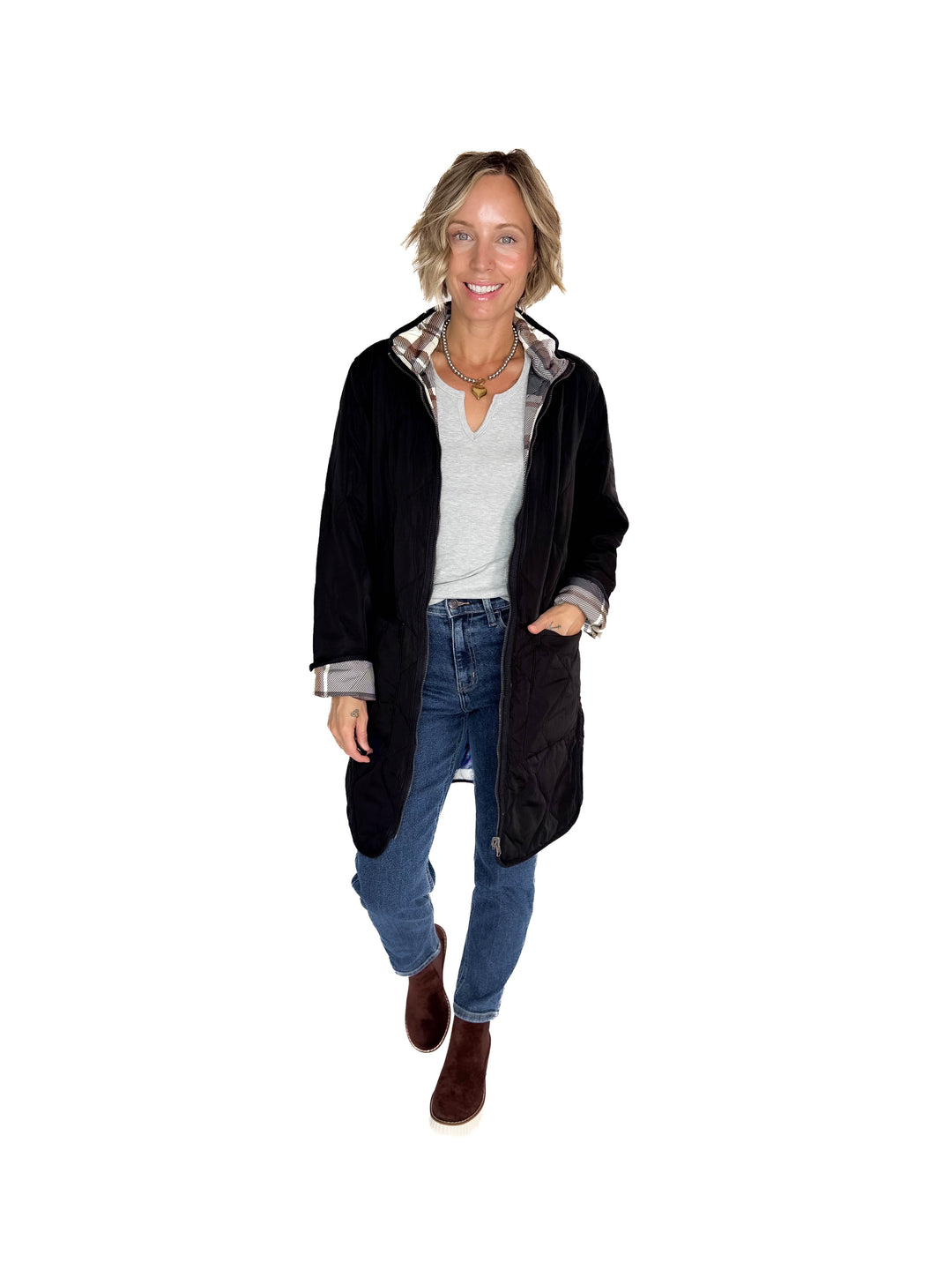 THREAD & SUPPLY Nixie Quilted Reversible Jacket- BLACK/PLAID