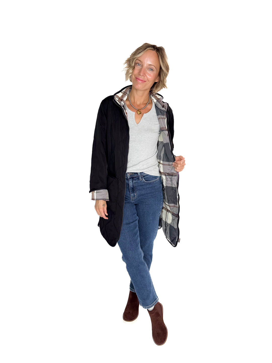 THREAD & SUPPLY Nixie Quilted Reversible Jacket- BLACK/PLAID